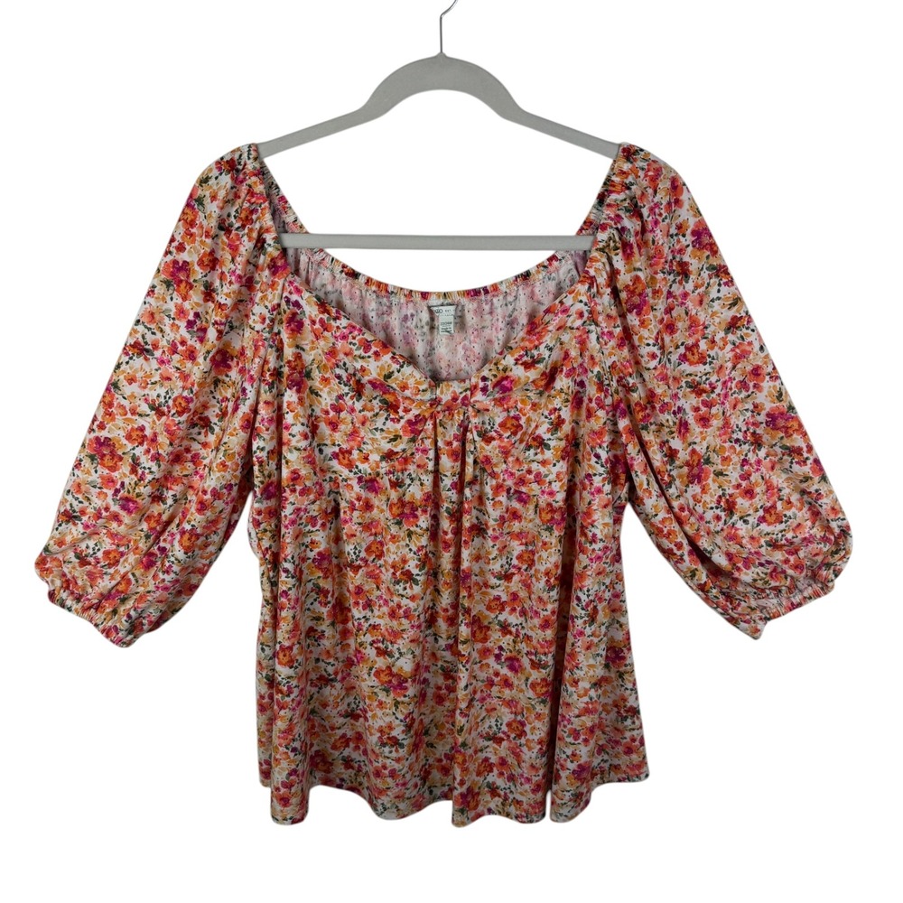 Cato Floral Pointelle Peasant Blouse Sz 22/24W Multicolor Cottage Fairy Peasant